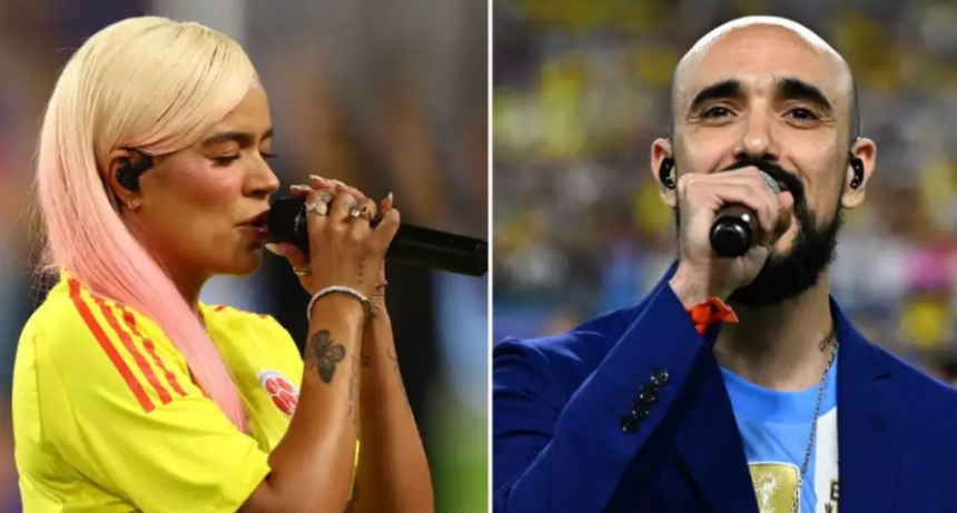 Karol G y Abel Pintos cantaron los himnos de Colombia y Argentina en la final de la Copa América 2024